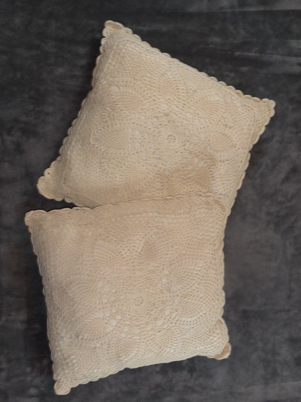 2 Vintage Cream Crochet Lace Doily Accent Throw Pillows 14x14
